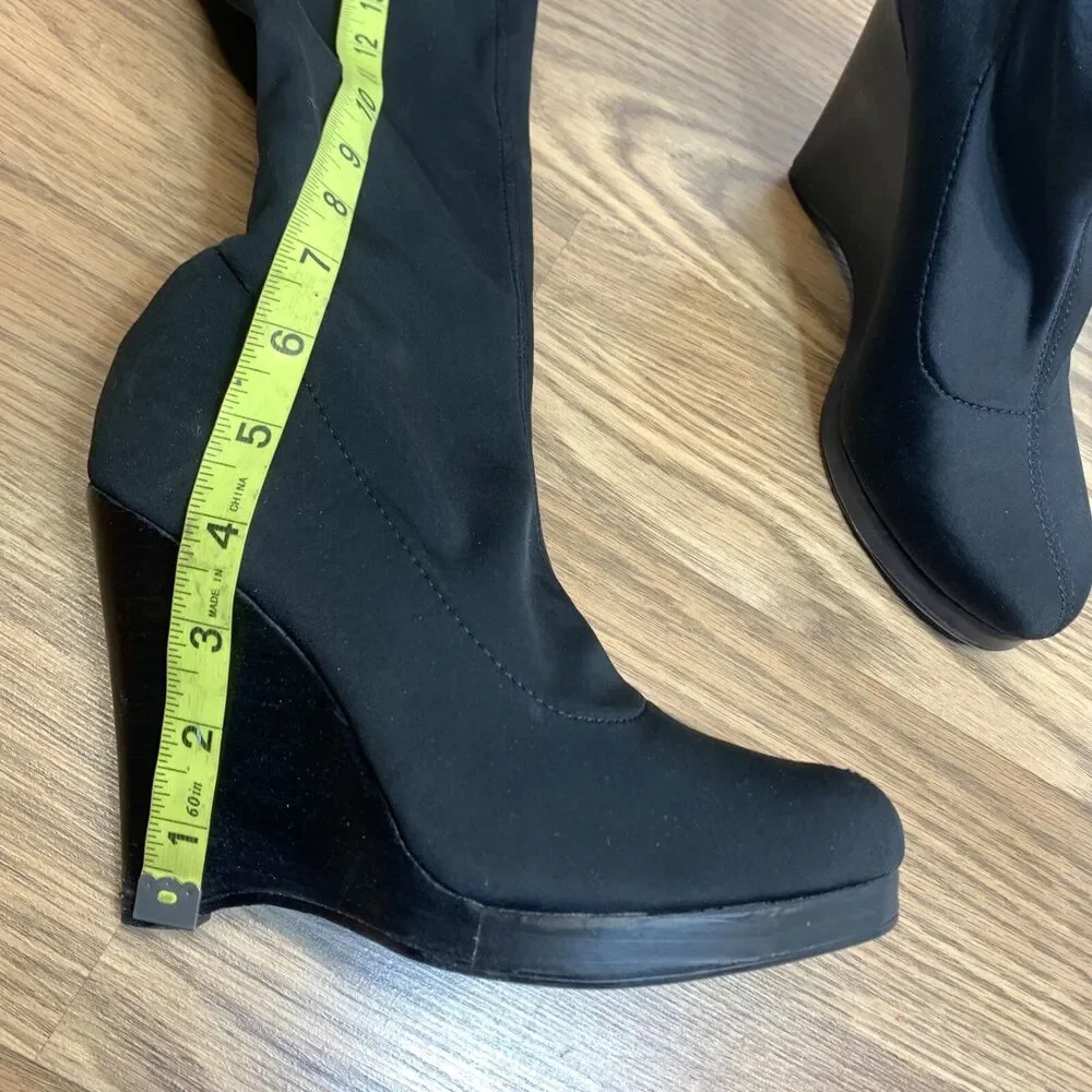 Colin Stuart Womens Sz 7.5 Platform Wedge Heel with Stretch Calf High Boot Black