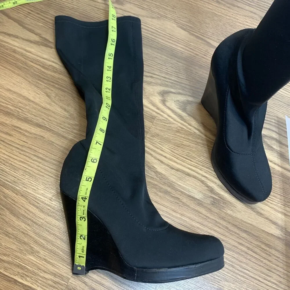 Colin Stuart Womens Sz 7.5 Platform Wedge Heel with Stretch Calf High Boot Black