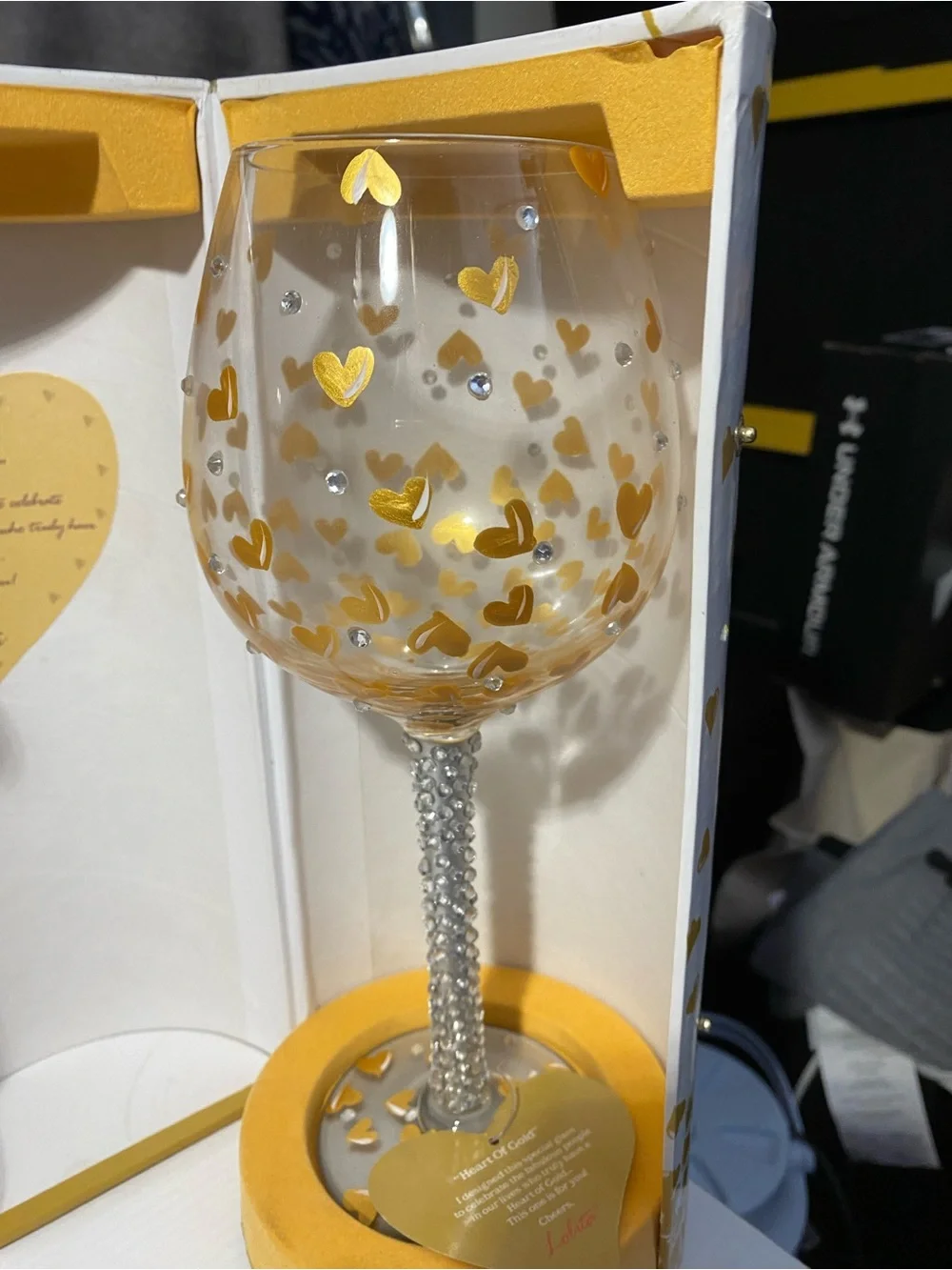 Lolita Heart of Gold Wine Glass Pair Hand Painted Rhinestone Stemmed Set of 2