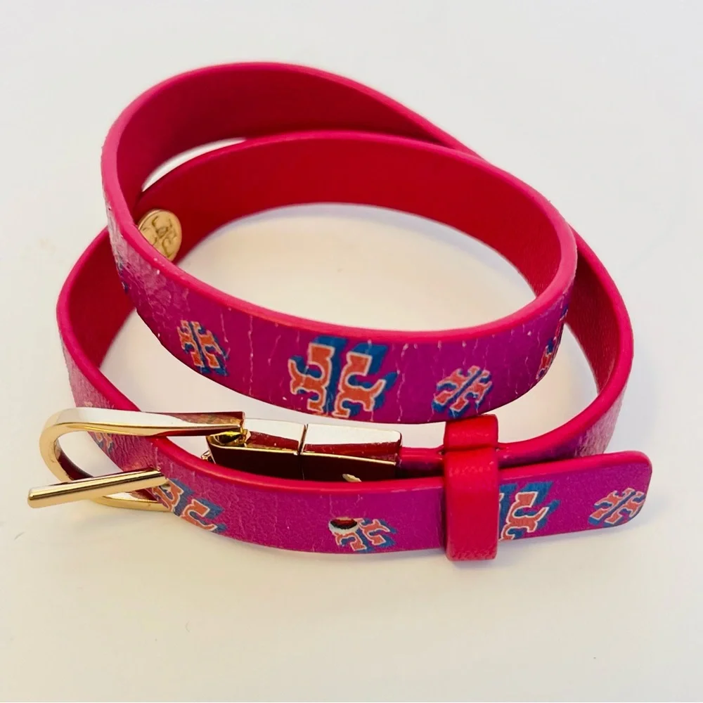 Tory Burch- Crazy Logo Pink Double Wrap Leather Buckle Bracelet