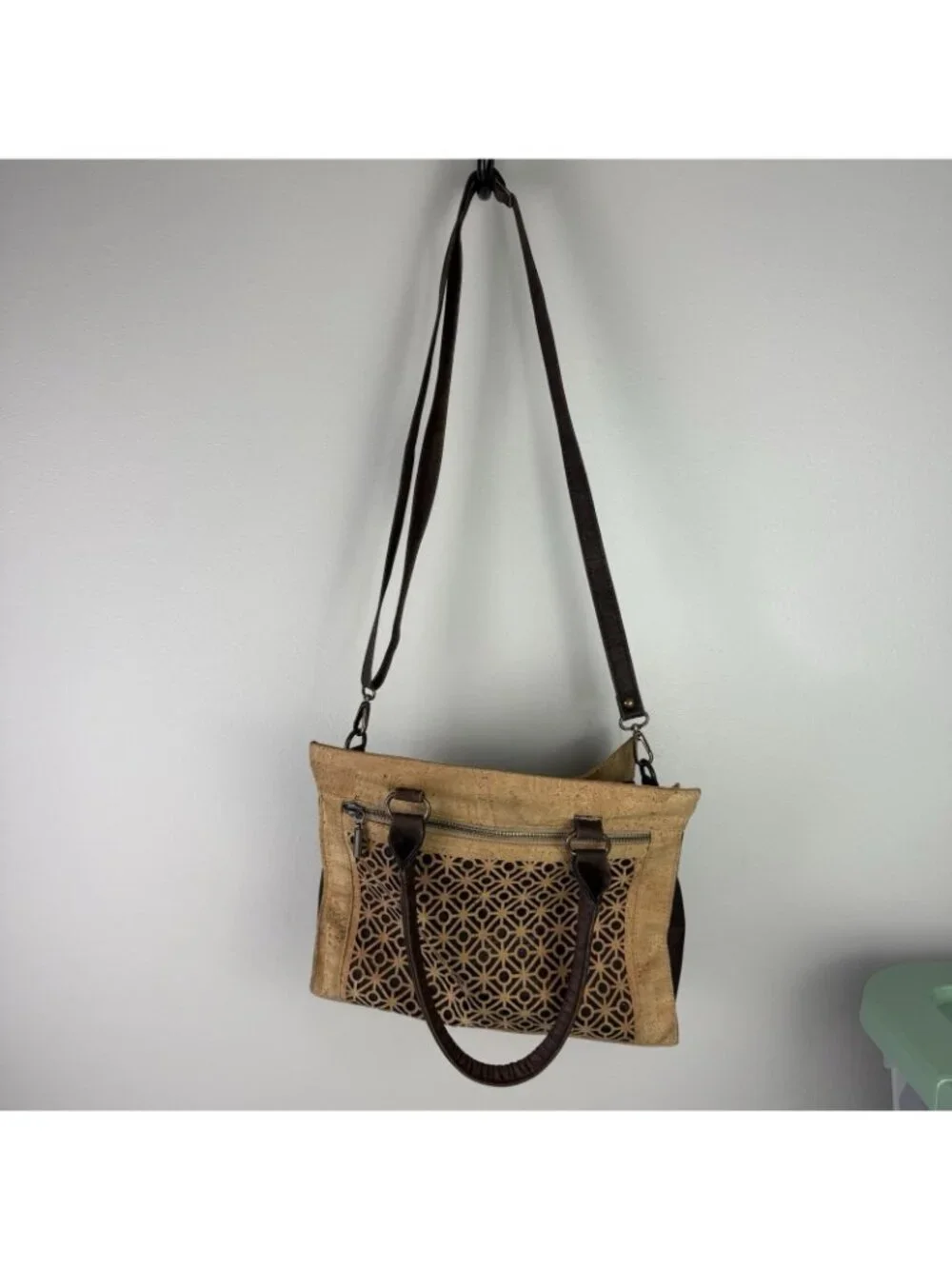 Natural Cork Satchel Bag 1SZ Tan Brown Laser Cut Portugal Vegan Eco Granola Boho