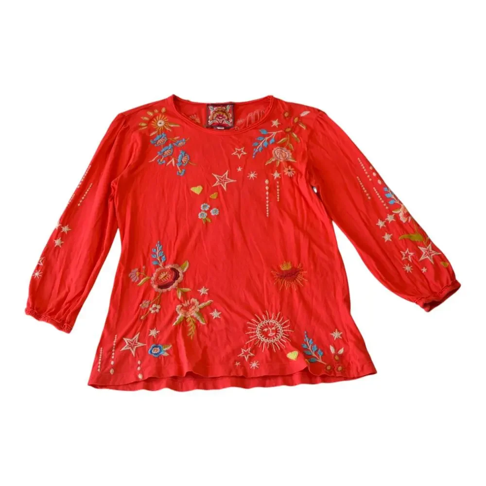 Johnny Was Maris Red Embroidered Puff Sleeve Cotton Knit Boho Tee Shirt XS