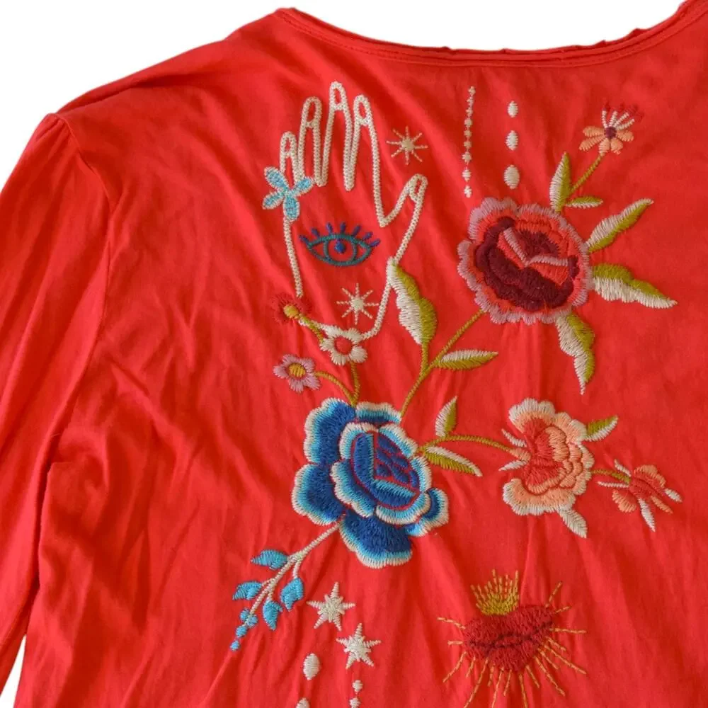 Johnny Was Maris Red Embroidered Puff Sleeve Cotton Knit Boho Tee Shirt XS