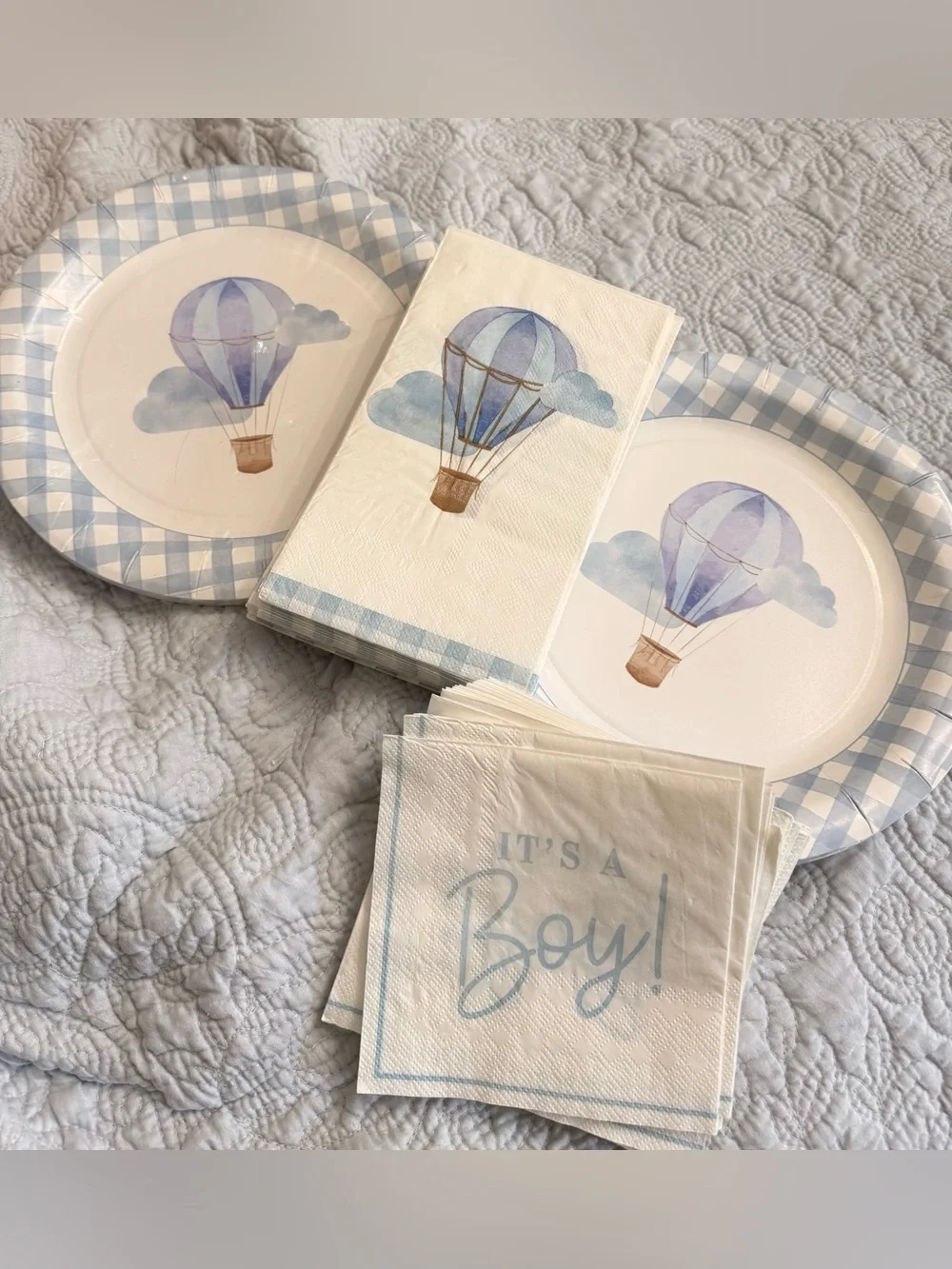 Blue gingham hot air balloon plates and napkins and it’s a boy napkins