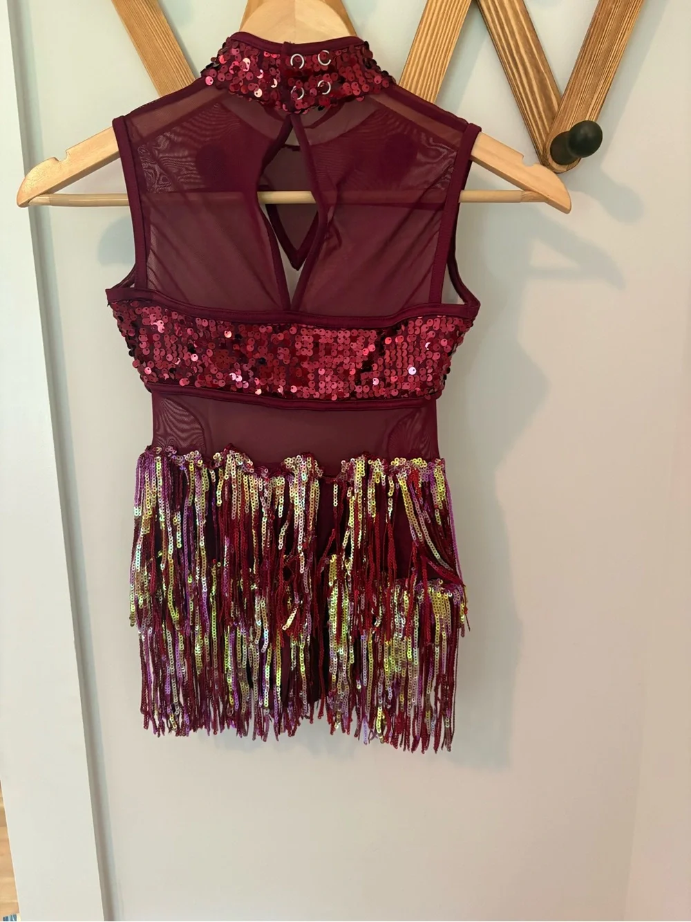 Weissman Burgundy Sequin Fringe Dance costume with Gold Accents