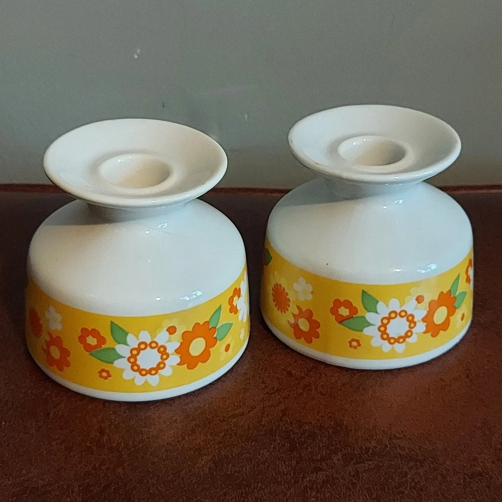 Vintage 70s Floral Ceramic Taper Candle Holder Set Yellow Orange Flower Power 3