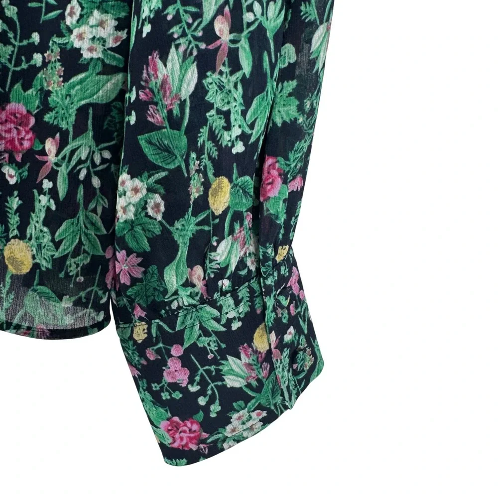 J.Crew Floral Smocked Ruffle Neck Chiffon Lined Blouse Womens M Navy Blue