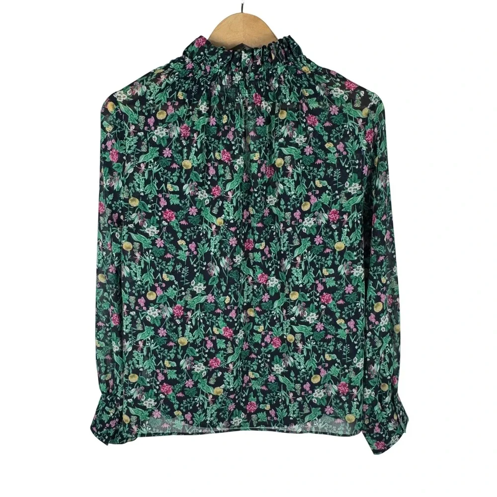 J.Crew Floral Smocked Ruffle Neck Chiffon Lined Blouse Womens M Navy Blue