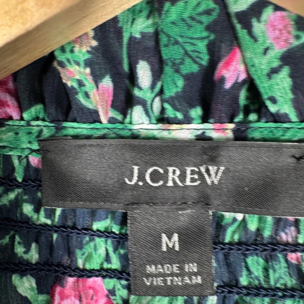 J.Crew Floral Smocked Ruffle Neck Chiffon Lined Blouse Womens M Navy Blue