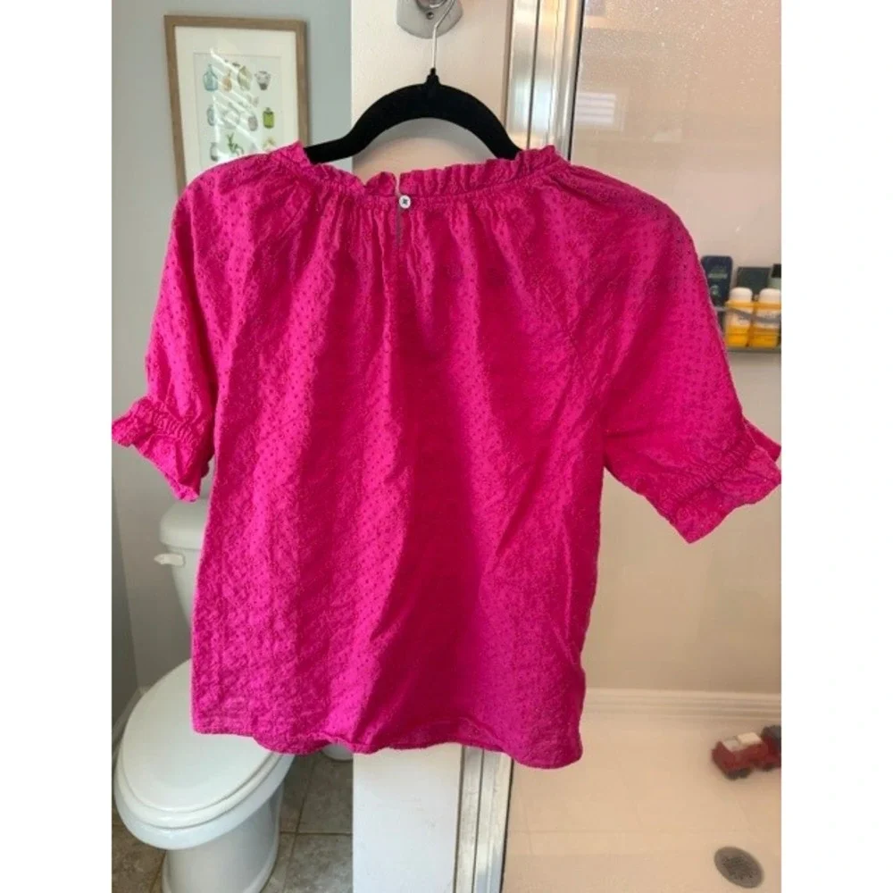 LOFT Pink Eyelet Embroidered Cotton Puff Sleeve Blouse Size Small