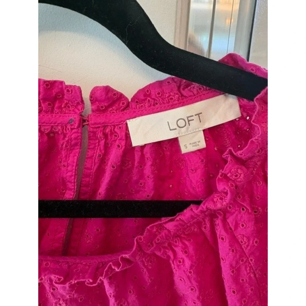 LOFT Pink Eyelet Embroidered Cotton Puff Sleeve Blouse Size Small