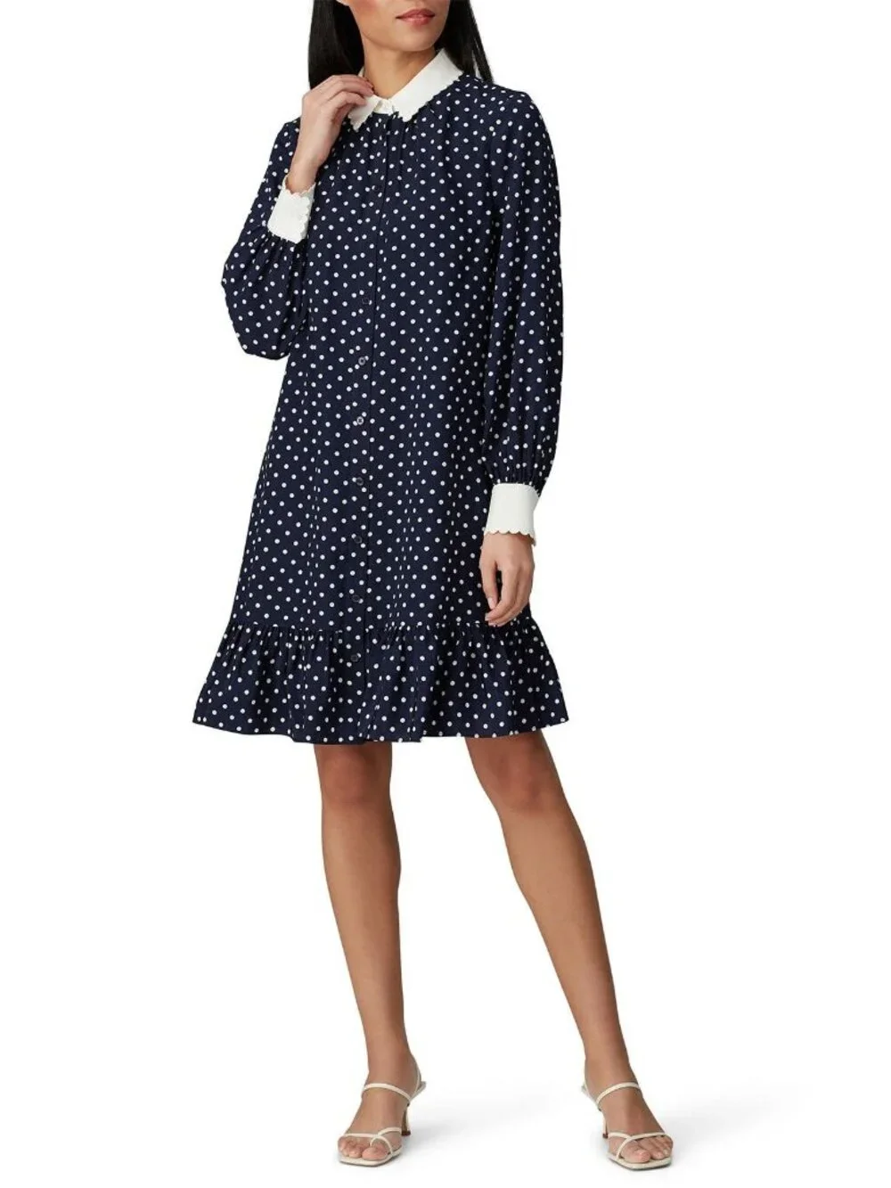 Tory Burch Cora Navy Blue White Polka Dot Silk Shirt Dress Women's Size 8