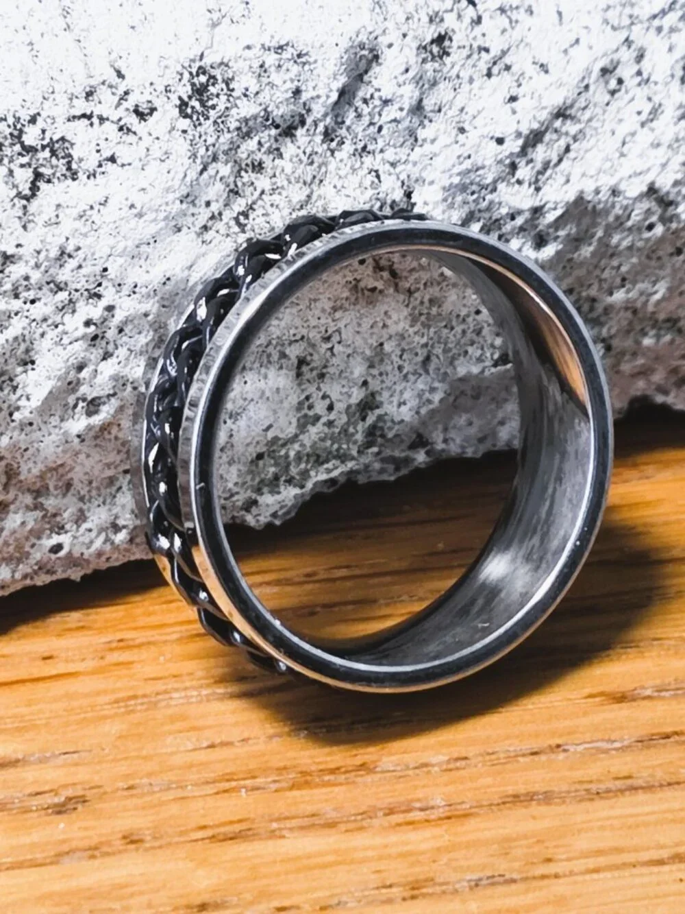 NEW! Stainless Steel Spinner Ring with Black Braided Chain Fidget Band - Size 10