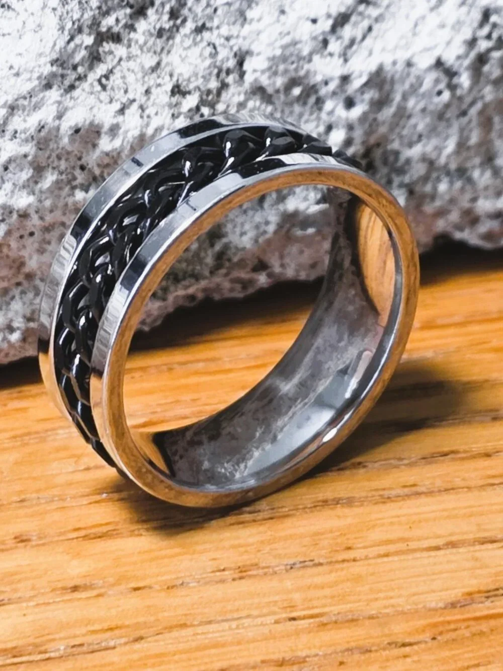 NEW! Stainless Steel Spinner Ring with Black Braided Chain Fidget Band - Size 10