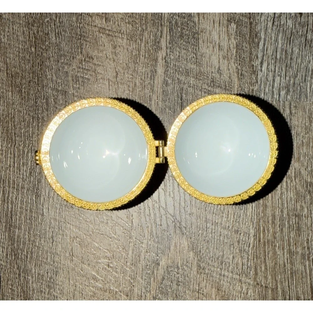 Vtg 60s Trinket Box Decorative Egg Blue Floral Gold Accents