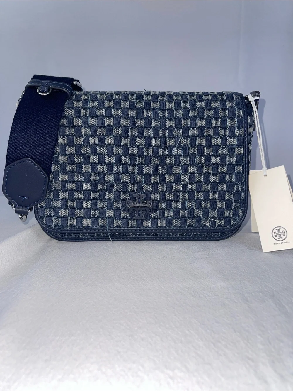 NWT Tory Burch Thea Denim Flap Crossbody Woven Blue 2 Straps