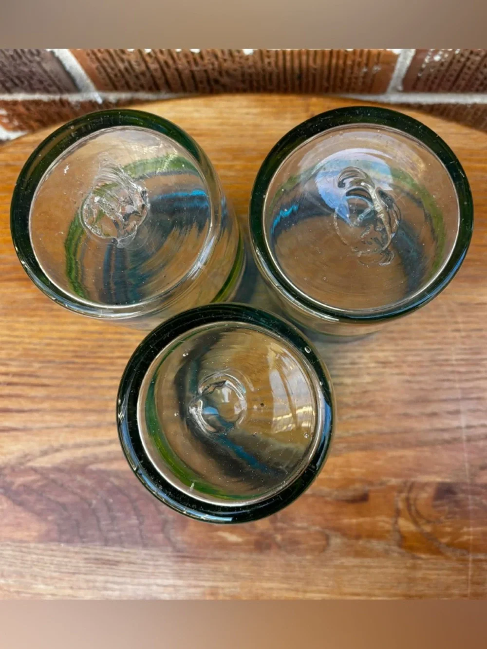 Mexican Hand Blown Green Blue Glass Tumblers thick Glasses Stripes Set of 3
