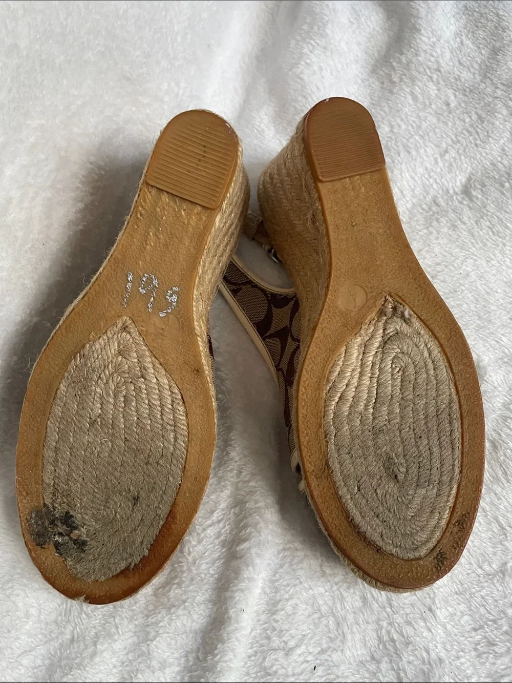 Coach Beige and Brown Signature Canvas Wedge Sandals