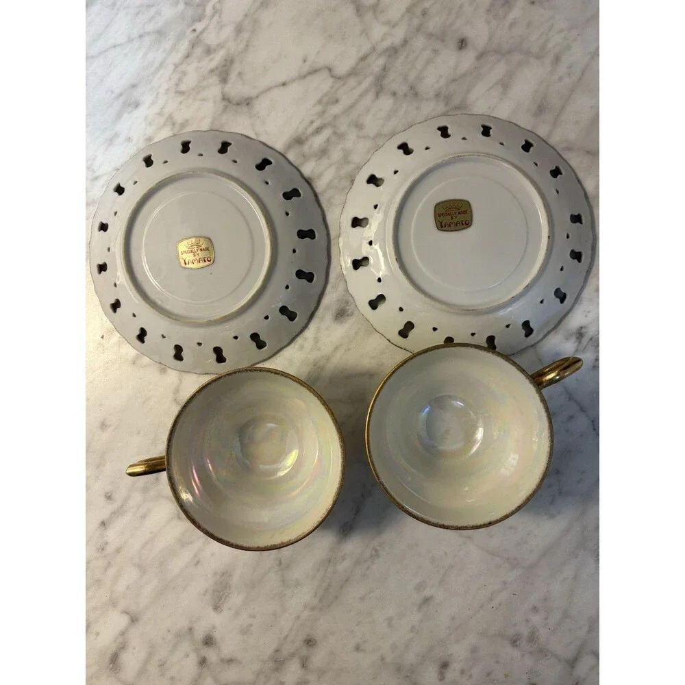Set of 2 Vintage Yamato Lusterware Tea Cups & Pierced Saucers