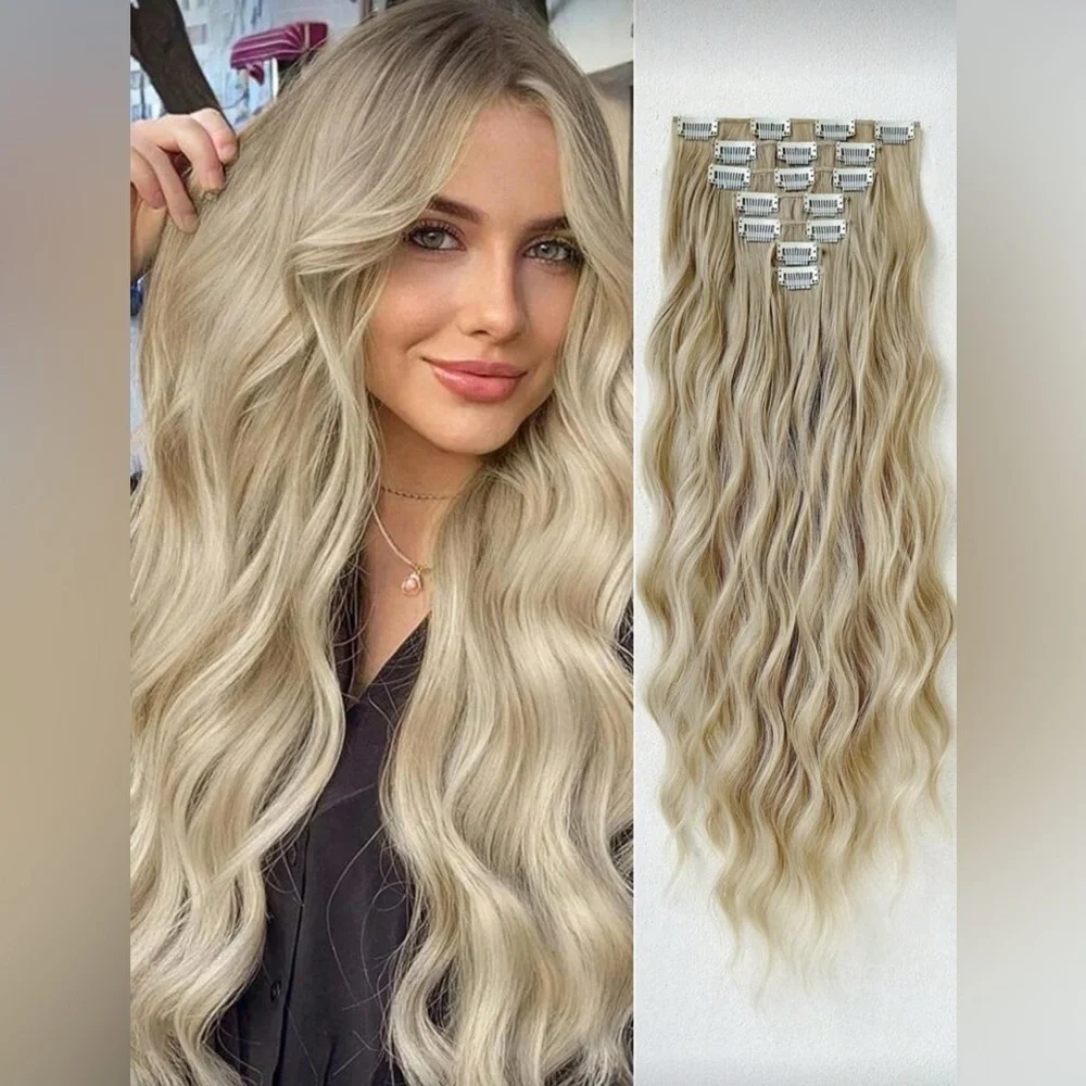 Long Wavy Blonde Clip-In Hair Extensions – 7 Piece Set, Natural  Ash Blonde