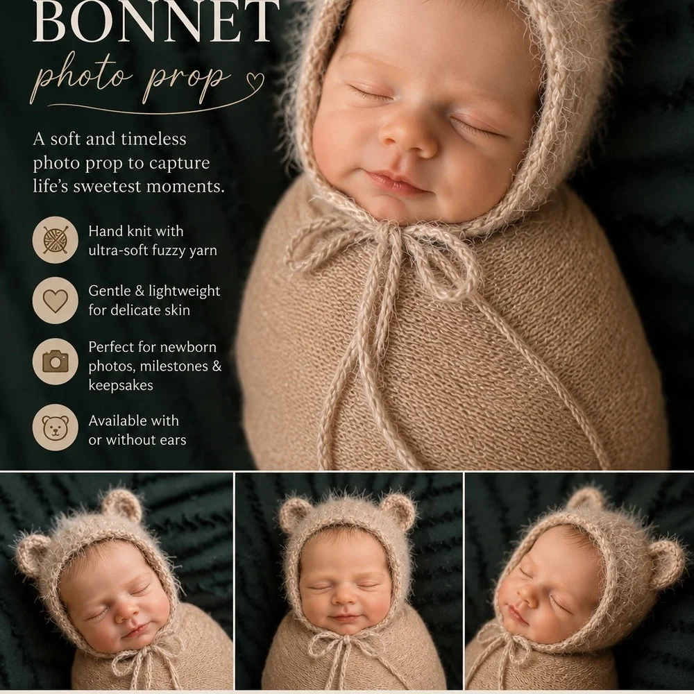 Hand knit bear ear baby bonnet photo prop