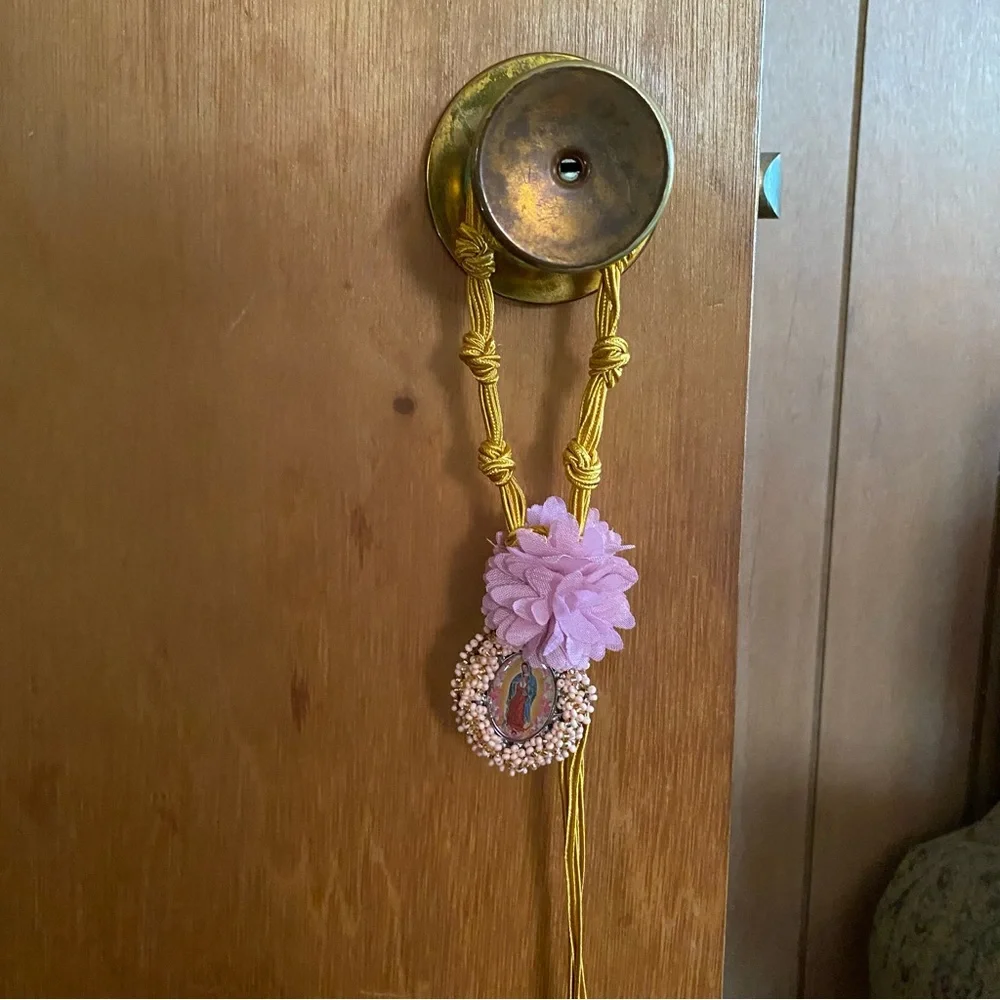 Mother Mary medallions handmade Gold/Pink ribbon door hanger Catholic ornament