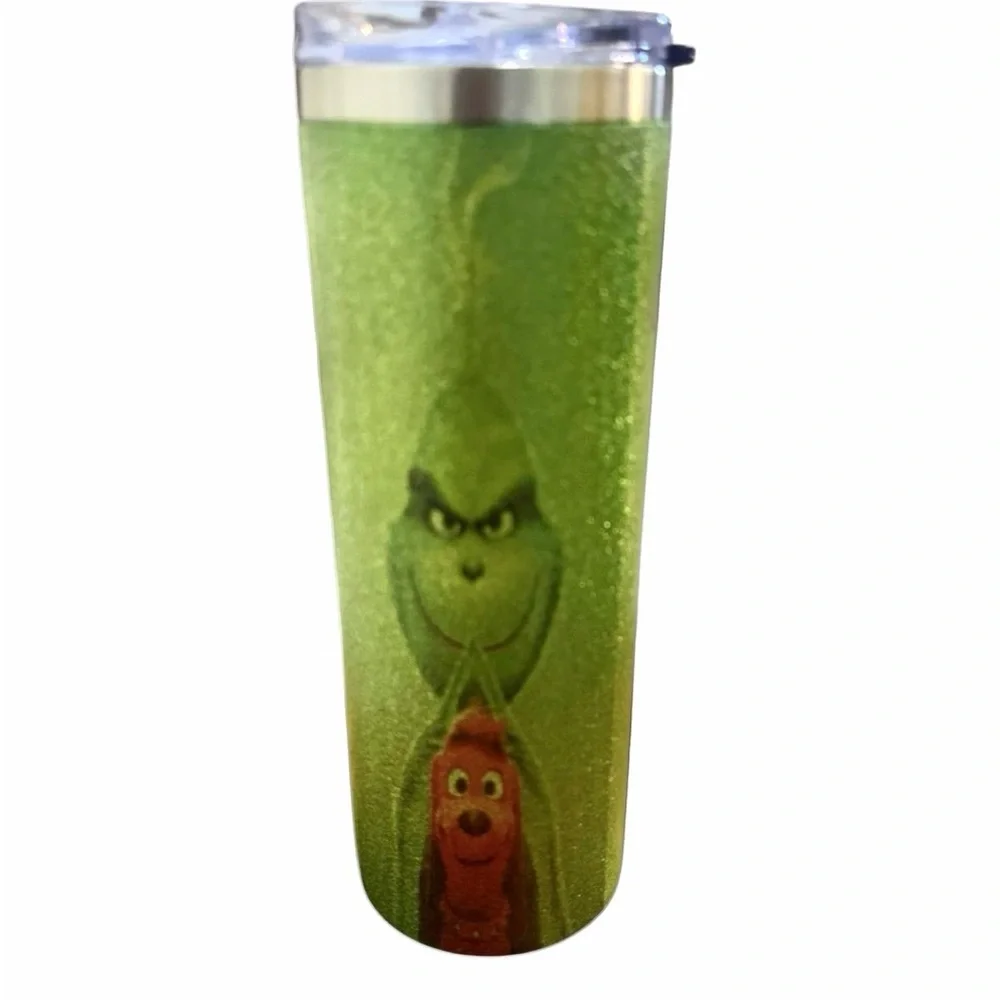 The Grinch Bling Crystal Green Tumbler with Straw featuring classic Grinch image