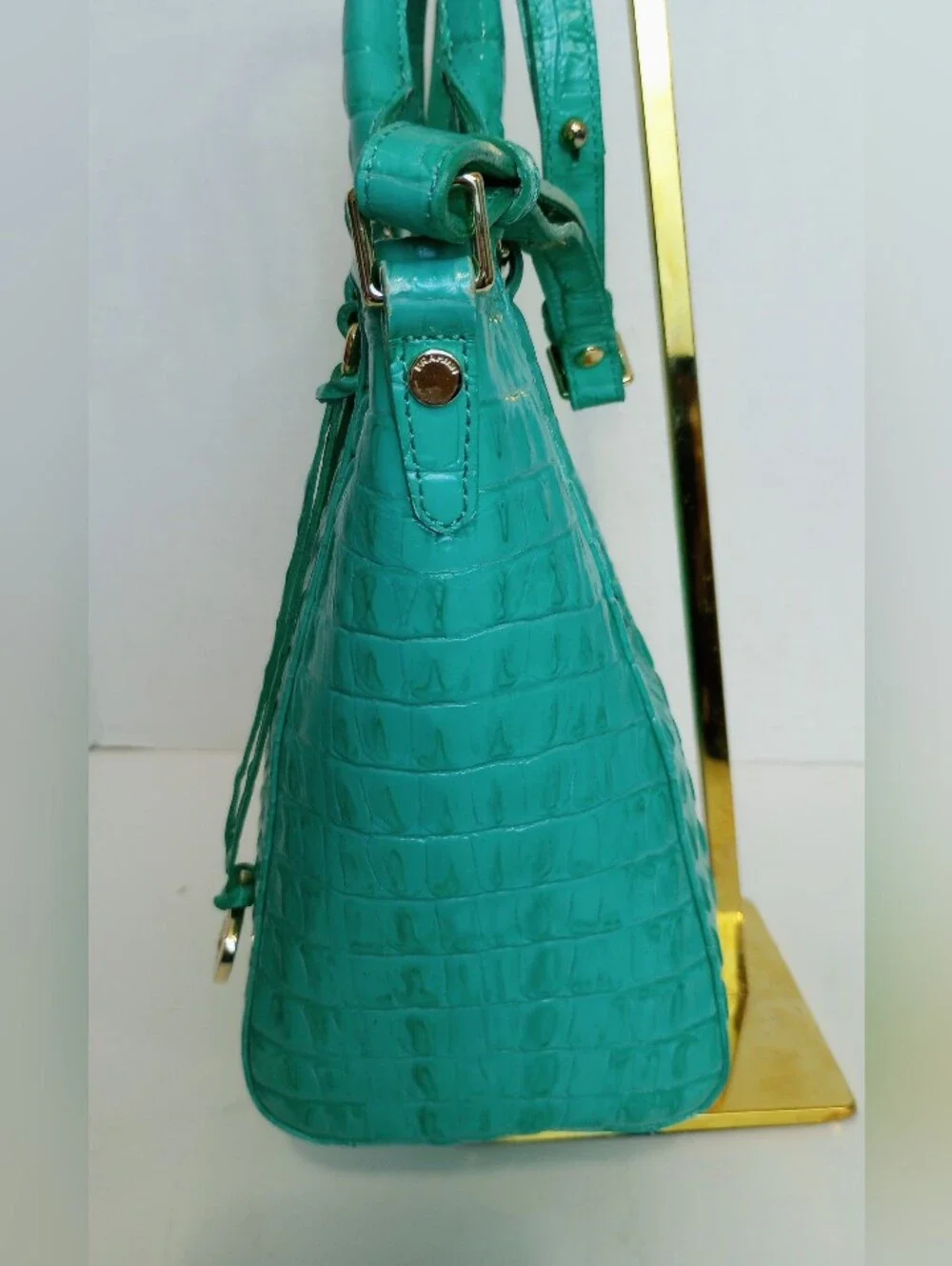 Brahmin Turquoise La Scala Mini Arno Croc Embossed Leather Crossbody Satchel Bag