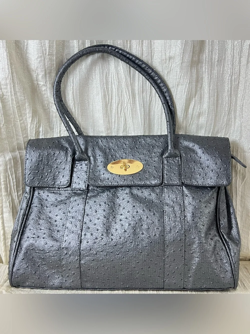 ULE Black Ostrich Embossed Vegan Leather Satchel Turn Lock Top Handle Bag