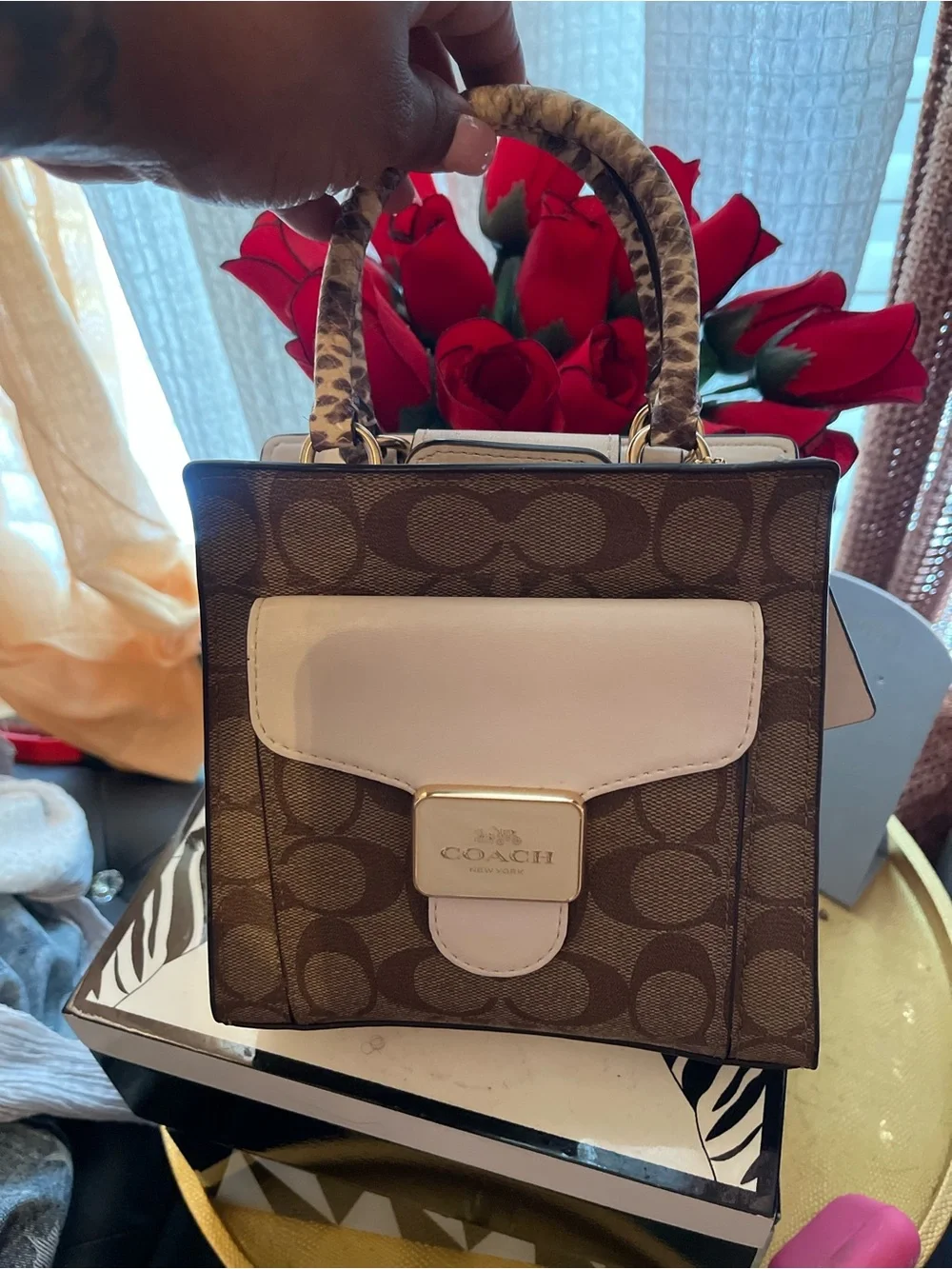Coach Mini pepper Signature Satchel in Brown with Cream Trim