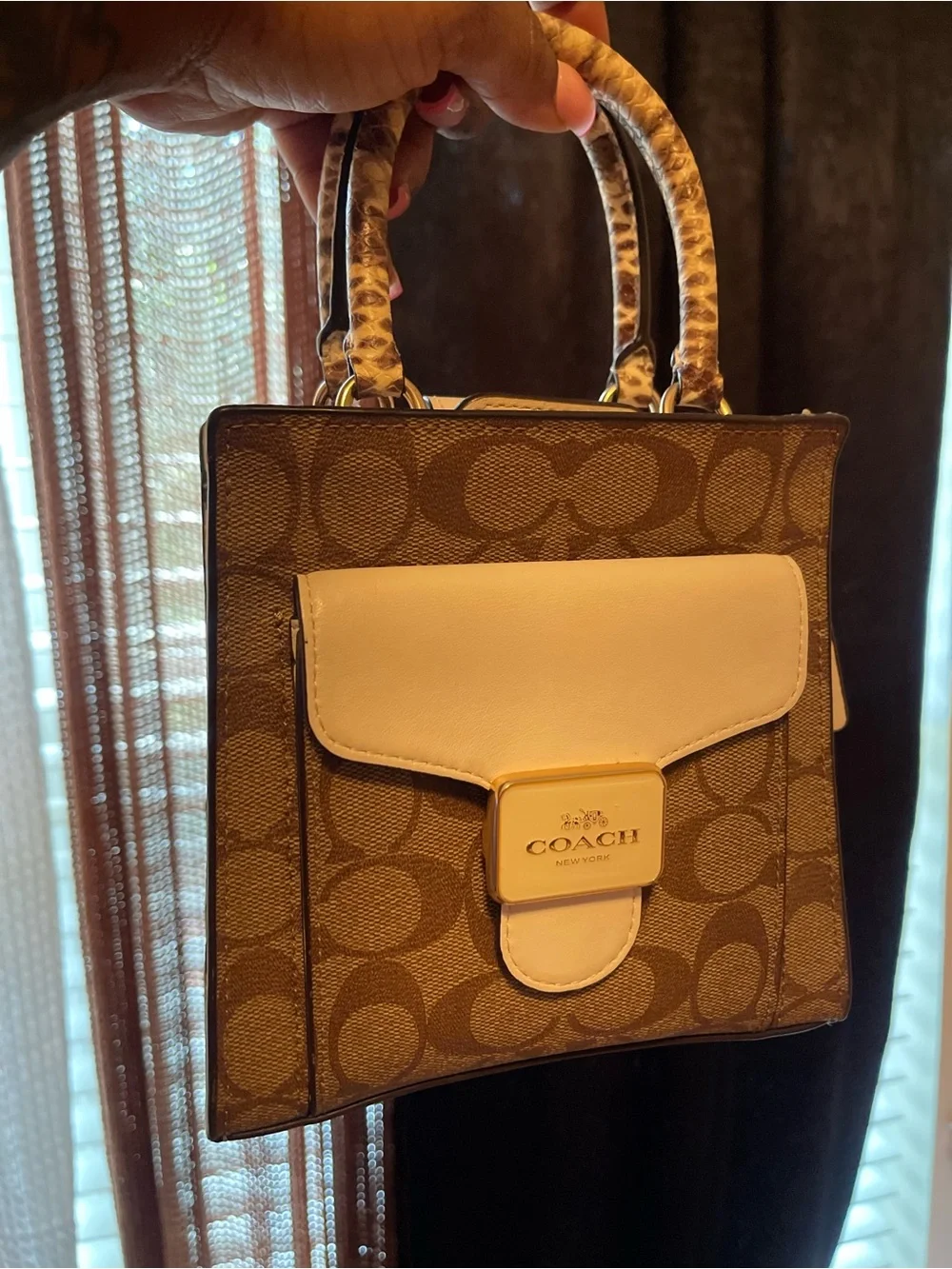 Coach Mini pepper Signature Satchel in Brown with Cream Trim