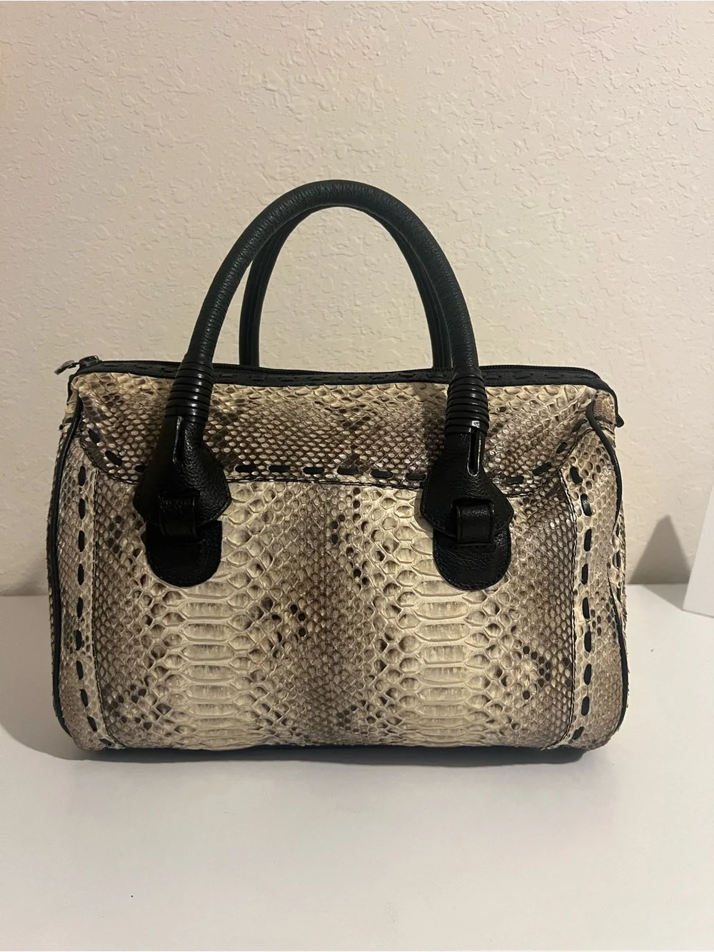 Neutral Snakeskin Satchel with Black Leather Handles