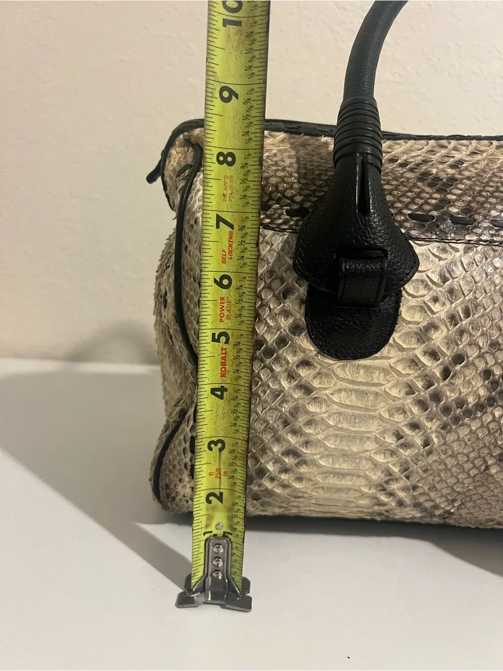 Neutral Snakeskin Satchel with Black Leather Handles