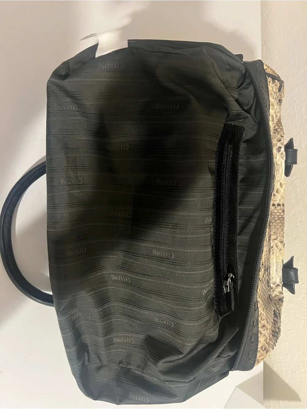 Neutral Snakeskin Satchel with Black Leather Handles