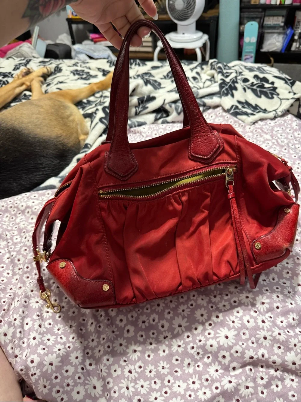 MZ Wallace Red Nylon Gathered Satchel with Leather Trim