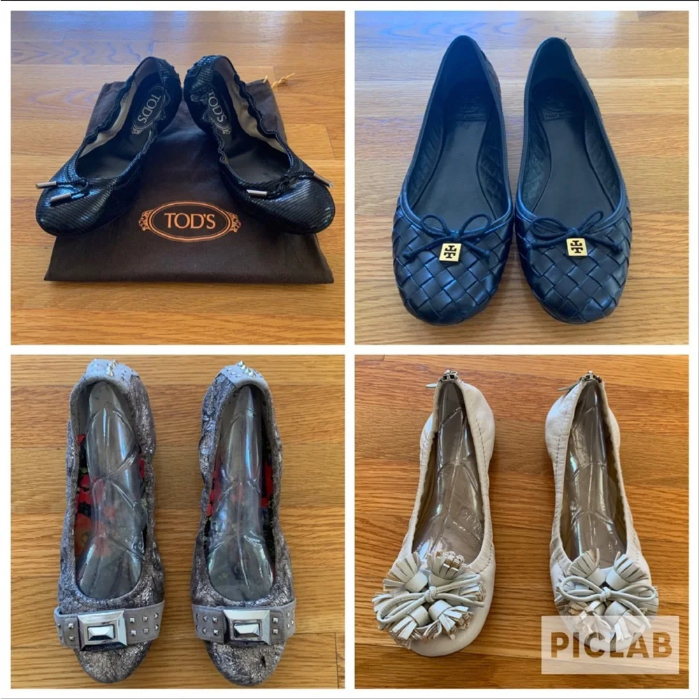 Tory Burch Womens Square Toe Black Swede Patent Logo Ballet Flats Shoes Sz 7.5 M