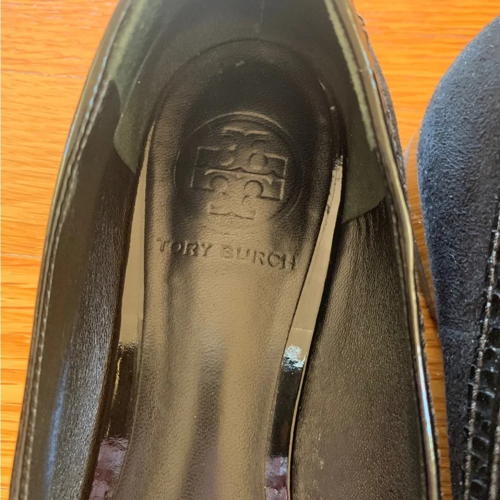 Tory Burch Womens Square Toe Black Swede Patent Logo Ballet Flats Shoes Sz 7.5 M