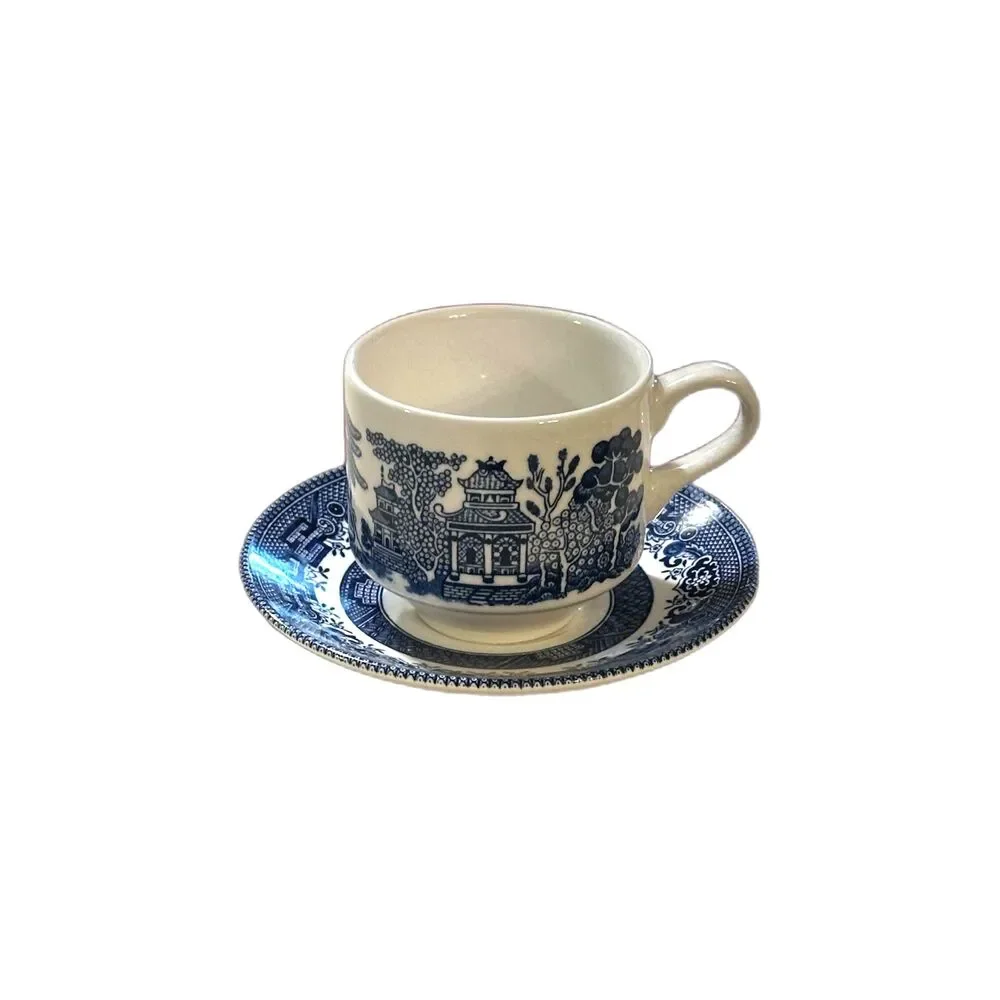 Vintage Blue Willow Cup & Saucer Set of Two - Blue & White Transferware