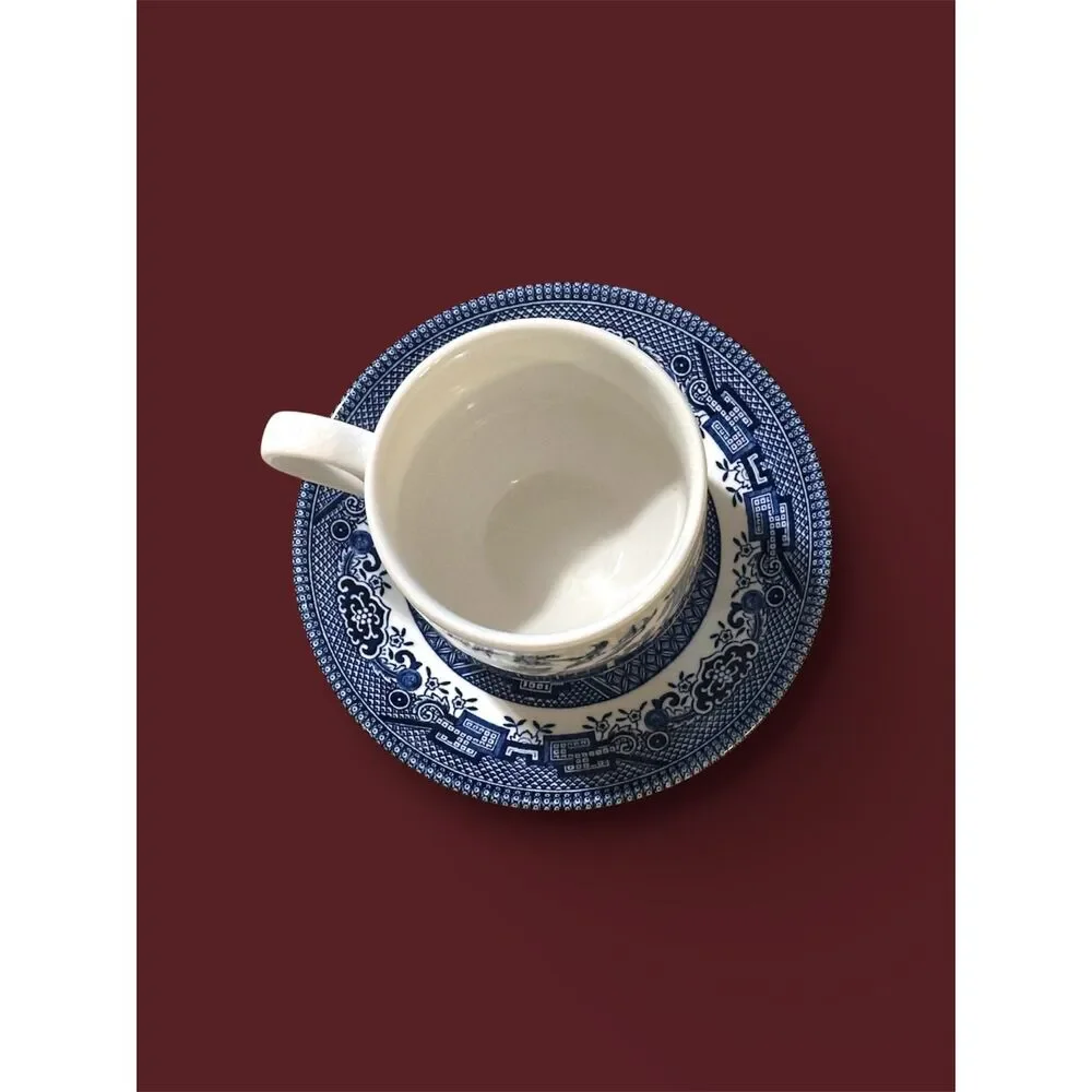 Vintage Blue Willow Cup & Saucer Set of Two - Blue & White Transferware
