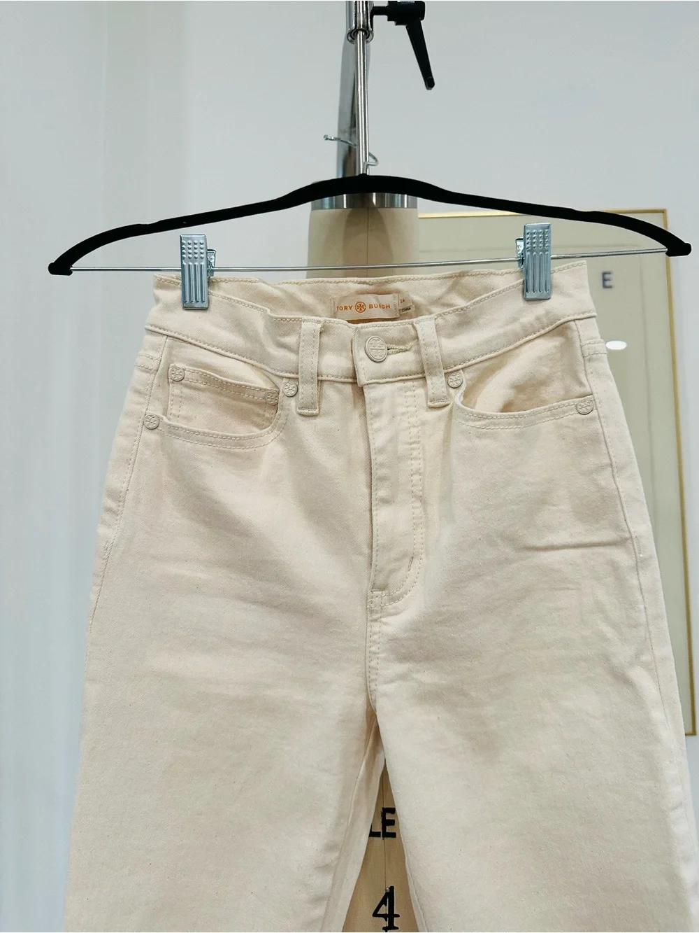 Tory Burch Cream High-Waist Jeans with Embroidered Hem