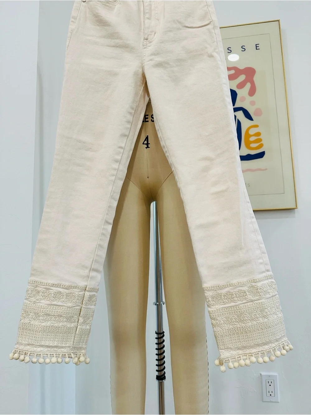 Tory Burch Cream High-Waist Jeans with Embroidered Hem