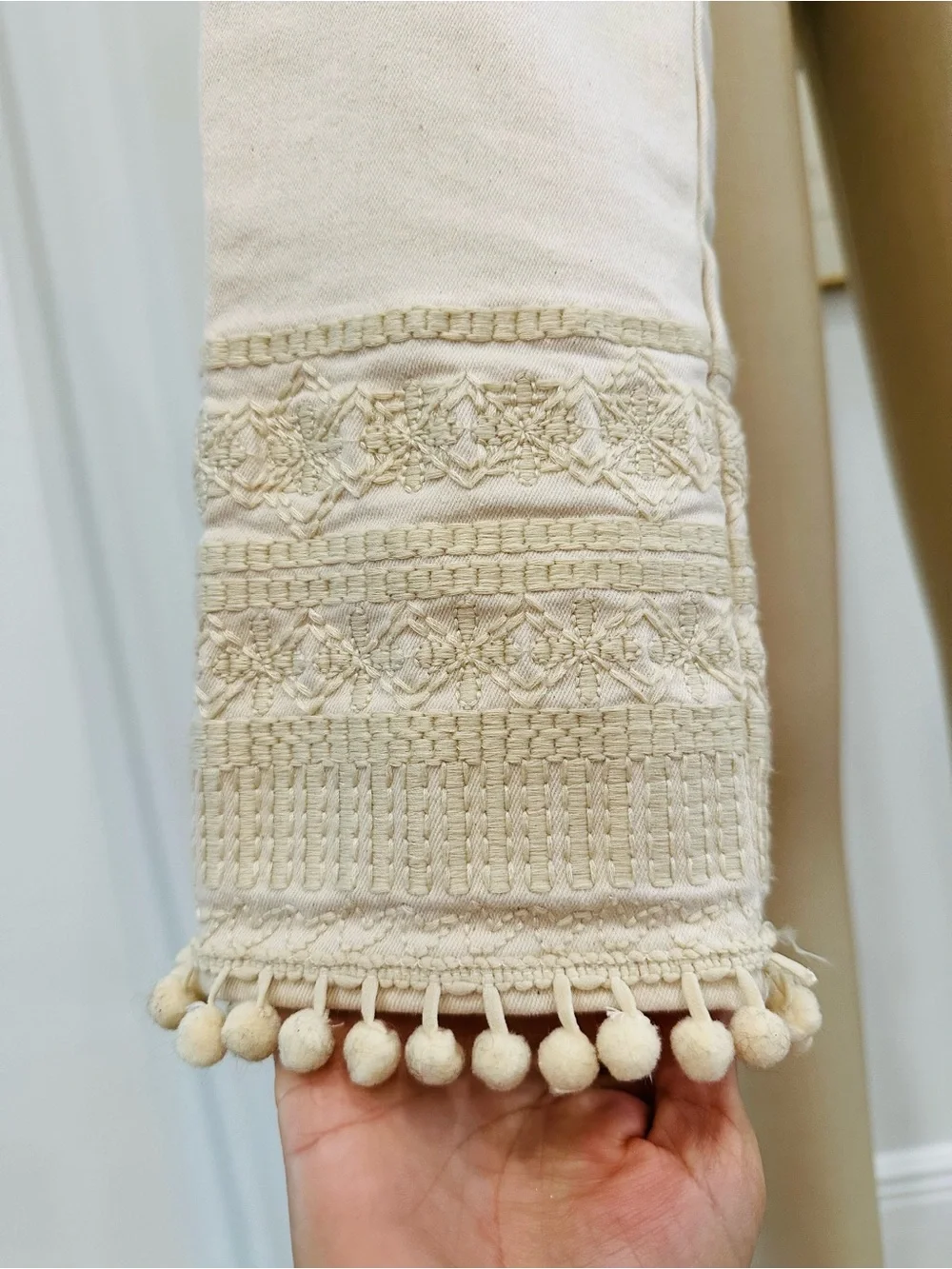 Tory Burch Cream High-Waist Jeans with Embroidered Hem
