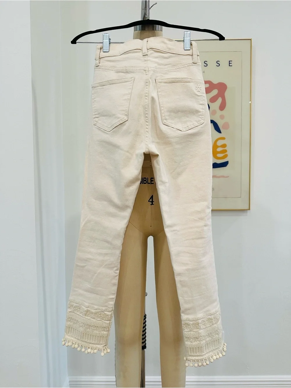 Tory Burch Cream High-Waist Jeans with Embroidered Hem