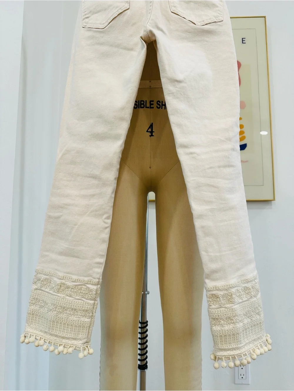 Tory Burch Cream High-Waist Jeans with Embroidered Hem