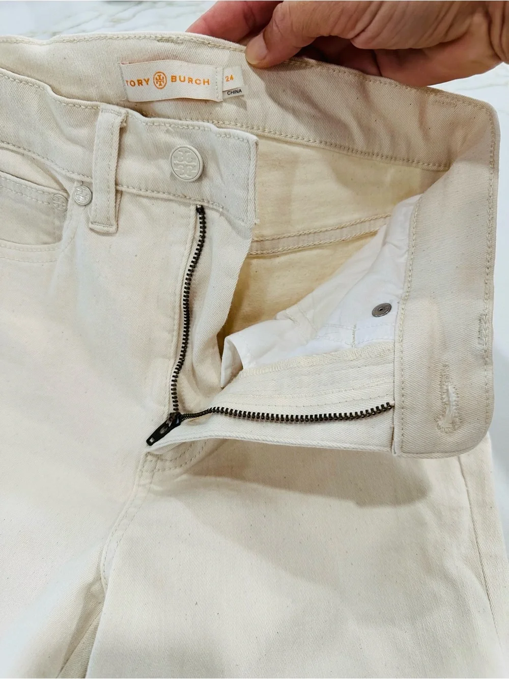 Tory Burch Cream High-Waist Jeans with Embroidered Hem