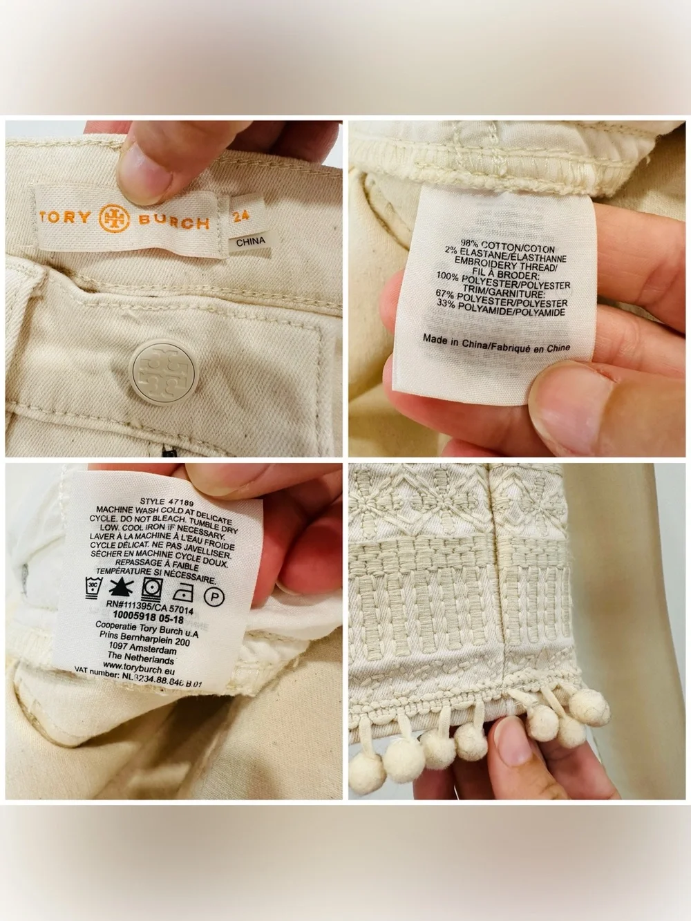 Tory Burch Cream High-Waist Jeans with Embroidered Hem