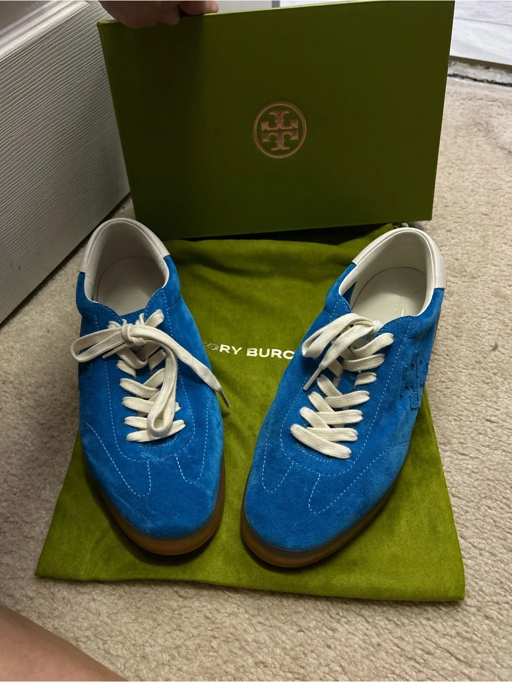 TORY BURCH phoenix suede sneakers in bright blue.