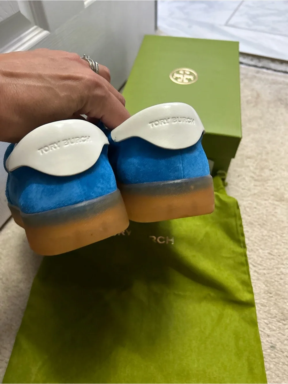 TORY BURCH phoenix suede sneakers in bright blue.