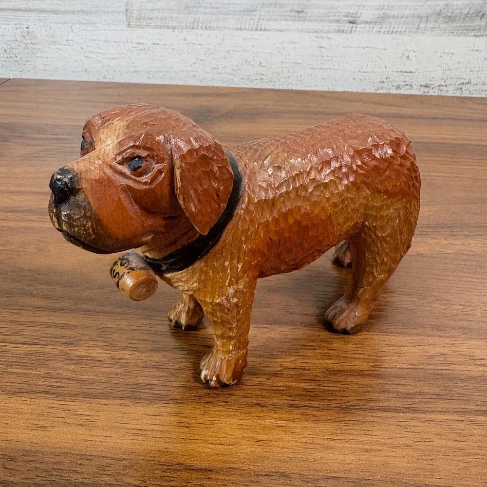 Vintage Swiss Hand Carved Wood Saint Black Forest St. Bernard Dog Figurine Keg