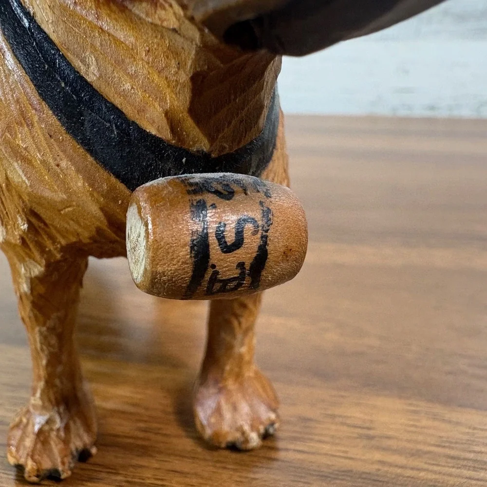 Vintage Swiss Hand Carved Wood Saint Black Forest St. Bernard Dog Figurine Keg